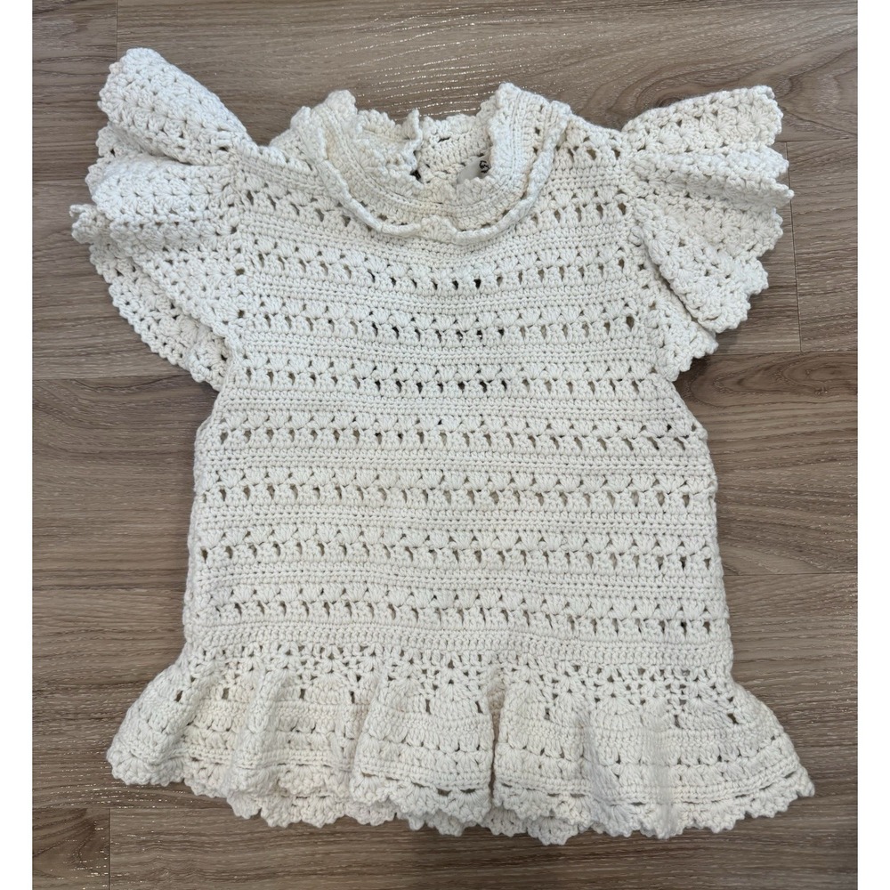 Sea New York Rylee Merino Wool Crochet Knit Sweater Ruffle Cottagecore Size S